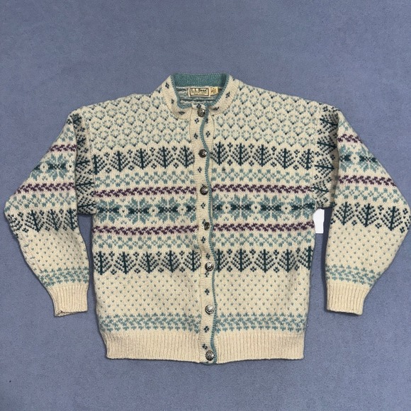 L.L. Bean Sweaters - L.L. Bean Vintage Nordic Wool Cardigan Fair Isle Teal Cream Womens Size XL